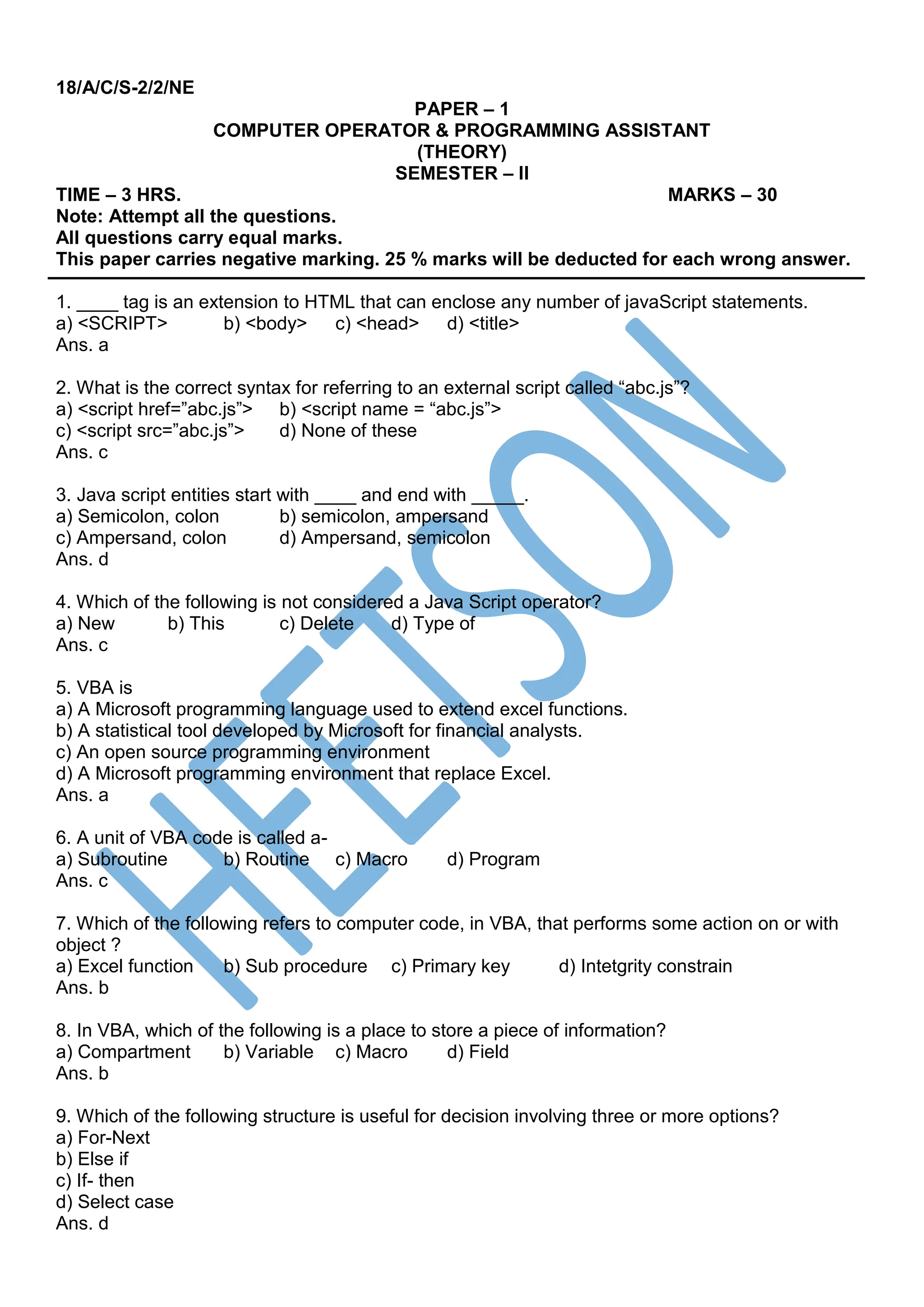COPA Practice Set (Previous Year Question Paper) | PDF