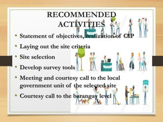 RECOMMENDED
ACTIVITIES
• Statement of objectives, realization of CIP
• Laying out the site criteria
• Site selection
• Develop survey tools
• Meeting and courtesy call to the local
government unit of the selected site
• Courtesy call to the barangay level
 