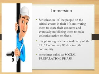 Immersion
• Sensitization of the people on the
critical events in their life, motivating
them to share their concerns and
eventually mobilizing them to make
collective action on these.
• this phase signals the actual entry of the
CO/ Community Worker into the
community
• sometimes called as SOCIAL
PREPARATION PHASE
 