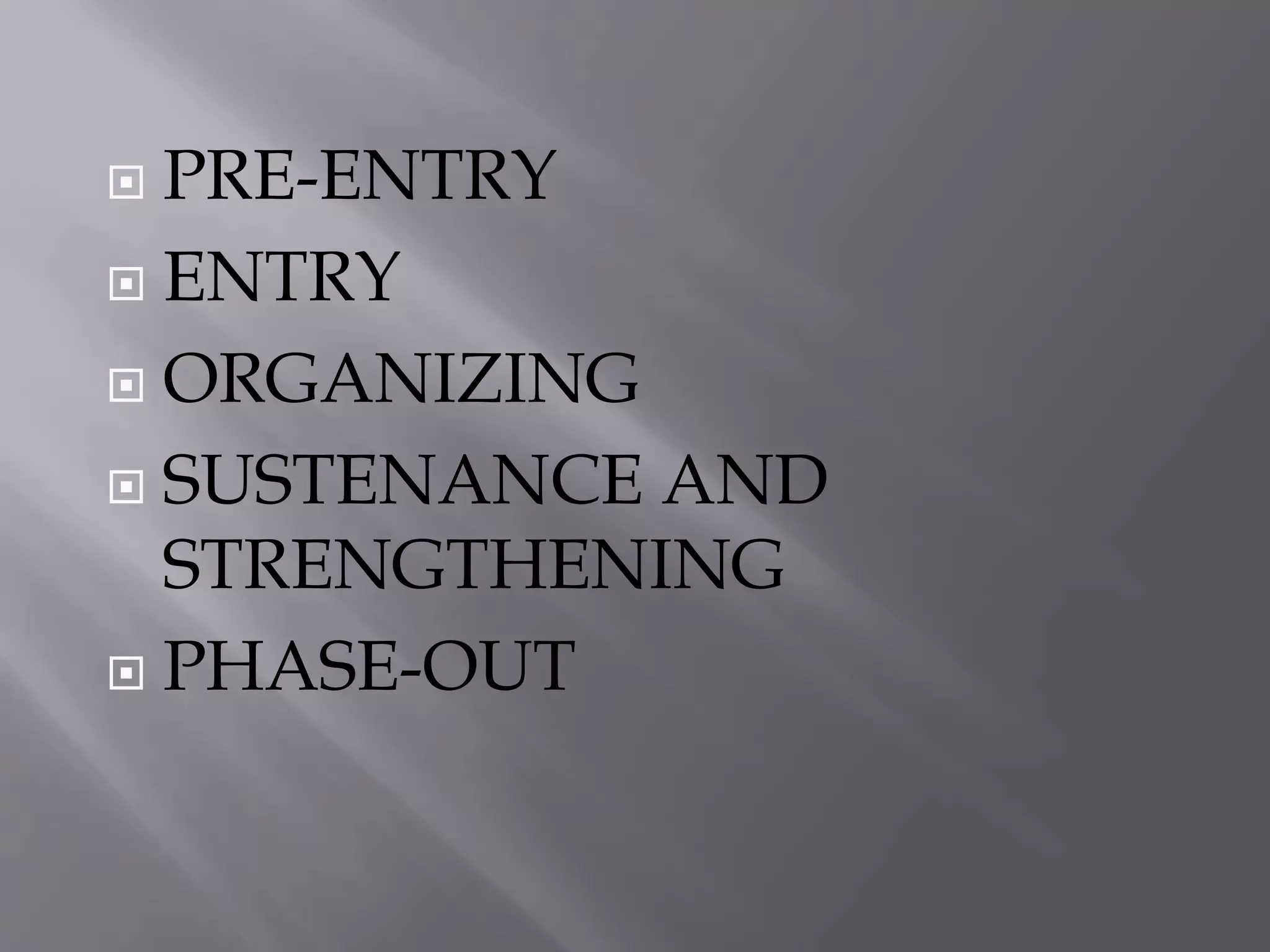  PRE-ENTRY
 ENTRY
 ORGANIZING
 SUSTENANCE AND
STRENGTHENING
 PHASE-OUT
 
