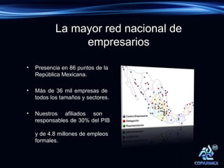 Presencia en 86 puntos de la  República Mexicana. Más de 36 mil empresas de  todos los tamaños y sectores. Nuestros afiliados son  responsables de 30% del PIB  y de 4.8 millones de empleos  formales. La mayor red nacional de empresarios 