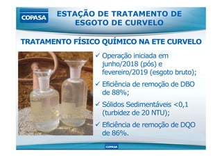 ESTAÇÃO DE TRATAMENTO DE
ESGOTO DE CURVELO
TRATAMENTO FÍSICO QUÍMICO NA ETE CURVELO
 Operação iniciada em
junho/2018 (pós) e
fevereiro/2019 (esgoto bruto);
 Eficiência de remoção de DBO
de 88%;
 Sólidos Sedimentáveis <0,1
(turbidez de 20 NTU);
 Eficiência de remoção de DQO
de 86%.
 