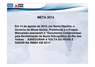 META 2014 
Em 14 de agosto de 2010, em Santo Hipólito, o 
Governo de Minas Gerais, Prefeituras e o Projeto 
Manuelzão assinaram o “Documento Compromisso 
pela Revitalização da Bacia Hidrográfica do Rio das 
Velhas: ASSEGURAR A VOLTA DO PEIXE E 
NADAR NA RMBH EM 2014” 
 
