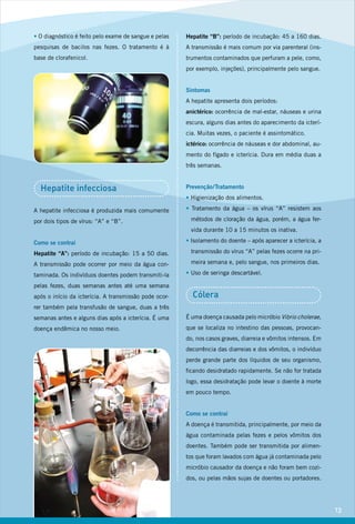 • O diagnóstico é feito pelo exame de sangue e pelas   Hepatite “B”: período de incubação: 45 a 160 dias.
pesquisas de bacilos nas fezes. O tratamento é à       A transmissão é mais comum por via parenteral (ins-
base de clorafenicol.                                  trumentos contaminados que perfuram a pele, como,
                                                       por exemplo, injeções), principalmente pelo sangue.


                                                       Sintomas
                                                       A hepatite apresenta dois períodos:
                                                       anictérico: ocorrência de mal-estar, náuseas e urina
                                                       escura, alguns dias antes do aparecimento da icterí-
                                                       cia. Muitas vezes, o paciente é assintomático.
                                                       ictérico: ocorrência de náuseas e dor abdominal, au-
                                                       mento do fígado e icterícia. Dura em média duas a
                                                       três semanas.


  Hepatite infecciosa                                  Prevenção / Tratamento
                                                       • Higienização dos alimentos.

A hepatite infecciosa é produzida mais comumente       • Tratamento da água – os vírus “A” resistem aos

por dois tipos de vírus: “A” e “B”.                     métodos de cloração da água, porém, a água fer-
                                                        vida durante 10 a 15 minutos os inativa.

Como se contrai                                        • Isolamento do doente – após aparecer a icterícia, a

Hepatite “A”: período de incubação: 15 a 50 dias.       transmissão do vírus “A” pelas fezes ocorre na pri-

A transmissão pode ocorrer por meio da água con-        meira semana e, pelo sangue, nos primeiros dias.

taminada. Os indivíduos doentes podem transmiti-la     • Uso de seringa descartável.

pelas fezes, duas semanas antes até uma semana
após o início da icterícia. A transmissão pode ocor-     Cólera
rer também pela transfusão de sangue, duas a três
semanas antes e alguns dias após a icterícia. É uma    É uma doença causada pelo micróbio Vibrio cholerae,
doença endêmica no nosso meio.                         que se localiza no intestino das pessoas, provocan-
                                                       do, nos casos graves, diarreia e vômitos intensos. Em
                                                       decorrência das diarreias e dos vômitos, o indivíduo
                                                       perde grande parte dos líquidos de seu organismo,
                                                       ficando desidratado rapidamente. Se não for tratada
                                                       logo, essa desidratação pode levar o doente à morte
                                                       em pouco tempo.


                                                       Como se contrai
                                                       A doença é transmitida, principalmente, por meio da
                                                       água contaminada pelas fezes e pelos vômitos dos
                                                       doentes. Também pode ser transmitida por alimen-
                                                       tos que foram lavados com água já contaminada pelo
                                                       micróbio causador da doença e não foram bem cozi-
                                                       dos, ou pelas mãos sujas de doentes ou portadores.




                                                                                                               13
 