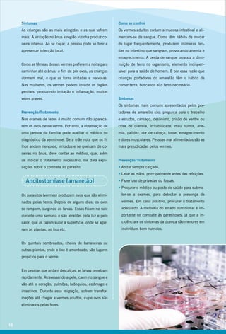 Sintomas                                                Como se contrai
     As crianças são as mais atingidas e as que sofrem       Os vermes adultos cortam a mucosa intestinal e ali-
     mais. A irritação no ânus e região vizinha produz co-   mentam-se de sangue. Como têm hábito de mudar
     ceira intensa. Ao se coçar, a pessoa pode se ferir e    de lugar frequentemente, produzem inúmeras feri-
     apresentar infecção local.                              das no intestino que sangram, provocando anemia e
                                                             emagrecimento. A perda de sangue provoca a dimi-
     Como as fêmeas desses vermes preferem a noite para      nuição de ferro no organismo, elemento indispen-
     caminhar até o ânus, a fim de pôr ovos, as crianças     sável para a saúde do homem. É por essa razão que
     dormem mal, o que as torna irritadas e nervosas.        crianças portadoras do amarelão têm o hábito de
     Nas mulheres, os vermes podem invadir os órgãos         comer terra, buscando aí o ferro necessário.
     genitais, produzindo irritação e inflamação, muitas
     vezes graves.                                           Sintomas
                                                             Os sintomas mais comuns apresentados pelos por-
     Prevenção / Tratamento                                  tadores de amarelão são: preguiça para o trabalho
     Nos exames de fezes é muito comum não aparece-          e estudos, cansaço, desânimo, prisão de ventre ou
     rem os ovos desse verme. Portanto, a observação de      crise de diarreia, irritabilidade, mau humor, ane-
     uma pessoa da família pode auxiliar o médico no         mia, palidez, dor de cabeça, tosse, emagrecimento
     diagnóstico da verminose. Se a mãe nota que os fi-      e dores musculares. Pessoas mal alimentadas são as
     lhos andam nervosos, irritados e se queixam de co-      mais prejudicadas pelos vermes.
     ceiras no ânus, deve contar ao médico, que, além
     de indicar o tratamento necessário, lhe dará expli-     Prevenção / Tratamento
     cações sobre o combate ao parasito.                     • Andar sempre calçado.
                                                             • Lavar as mãos, principalmente antes das refeições.

       Ancilostomíase (amarelão)                             • Fazer uso de privadas ou fossas.
                                                             • Procurar o médico ou posto de saúde para subme-

     Os parasitos (vermes) produzem ovos que são elimi-       ter-se a exames, para detectar a presença de

     nados pelas fezes. Depois de alguns dias, os ovos        vermes. Em caso positivo, procurar o tratamento

     se rompem, surgindo as larvas. Essas ficam no solo       adequado. A melhoria do estado nutricional é im-

     durante uma semana e são atraídas pela luz e pelo        portante no combate às parasitoses, já que a in-

     calor, que as fazem subir à superfície, onde se agar-    cidência e os sintomas da doença são menores em

     ram às plantas, ao lixo etc.                             indivíduos bem nutridos.


     Os quintais sombreados, cheios de bananeiras ou
     outras plantas, onde o lixo é amontoado, são lugares
     propícios para o verme.


     Em pessoas que andam descalças, as larvas penetram
     rapidamente. Atravessando a pele, caem no sangue e
     vão até o coração, pulmões, brônquios, estômago e
     intestinos. Durante essa migração, sofrem transfor-
     mações até chegar a vermes adultos, cujos ovos são
     eliminados pelas fezes.




18
 