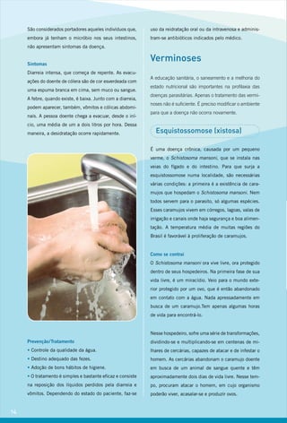 São considerados portadores aqueles indivíduos que,
embora já tenham o micróbio nos seus intestinos,
não apresentam sintomas da doença.
Sintomas
Diarreia intensa, que começa de repente. As evacu-
ações do doente de cólera são de cor esverdeada com
uma espuma branca em cima, sem muco ou sangue.
A febre, quando existe, é baixa. Junto com a diarreia,
podem aparecer, também, vômitos e cólicas abdomi-
nais. A pessoa doente chega a evacuar, desde o iní-
cio, uma média de um a dois litros por hora. Dessa
maneira, a desidratação ocorre rapidamente.
Prevenção/Tratamento
• Controle da qualidade da água.
• Destino adequado das fezes.
• Adoção de bons hábitos de higiene.
• O tratamento é simples e bastante eficaz e consiste
na reposição dos líquidos perdidos pela diarreia e
vômitos. Dependendo do estado do paciente, faz-se
uso da reidratação oral ou da intravenosa e adminis-
tram-se antibióticos indicados pelo médico.
Verminoses
A educação sanitária, o saneamento e a melhoria do
estado nutricional são importantes na profilaxia das
doenças parasitárias. Apenas o tratamento das vermi-
noses não é suficiente. É preciso modificar o ambiente
para que a doença não ocorra novamente.
Esquistossomose (xistosa)
É uma doença crônica, causada por um pequeno
verme, o Schistosoma mansoni, que se instala nas
veias do fígado e do intestino. Para que surja a
esquistossomose numa localidade, são necessárias
várias condições: a primeira é a existência de cara-
mujos que hospedam o Schistosoma mansoni. Nem
todos servem para o parasito, só algumas espécies.
Esses caramujos vivem em córregos, lagoas, valas de
irrigação e canais onde haja segurança e boa alimen-
tação. A temperatura média de muitas regiões do
Brasil é favorável à proliferação de caramujos.
Como se contrai
O Schistosoma mansoni ora vive livre, ora protegido
dentro de seus hospedeiros. Na primeira fase de sua
vida livre, é um miracídio. Veio para o mundo exte-
rior protegido por um ovo, que é então abandonado
em contato com a água. Nada apressadamente em
busca de um caramujo.Tem apenas algumas horas
de vida para encontrá-lo.
Nesse hospedeiro, sofre uma série de transformações,
dividindo-se e multiplicando-se em centenas de mi-
lhares de cercárias, capazes de atacar e de infestar o
homem. As cercárias abandonam o caramujo doente
em busca de um animal de sangue quente e têm
aproximadamente dois dias de vida livre. Nesse tem-
po, procuram atacar o homem, em cujo organismo
poderão viver, acasalar-se e produzir ovos.
14
 