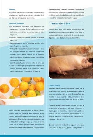 Sintomas
As pessoas que têm lombrigas ficam frequentemente
irritadas, sem apetite e apresentam náuseas, vômi-
tos, diarreia, cólicas e dor abdominal.
Prevenção/Tratamento
• Ter sempre uma privada ou fossa. Fazer com que
todos usem a privada. Se for usado penico, espe-
cialmente por crianças pequenas, jogar as fezes
na privada.
• Limpar e varrer os quintais e queimar ou enterrar
todo o lixo.
• Lavar as mãos ao sair da privada e também antes
das refeições ou merenda.
• Proteger todos os alimentos contra moscas e poei-
ra; proteger também os utensílios domésticos:
talheres, copos, pratos, panelas etc. e, principal-
mente, os objetos de uso dos bebês, como bicos,
mamadeiras e outros.
• Lavar todas as frutas e verduras antes de comê-las.
• Cuidar da alimentação, principalmente das crianças,
usando alimentos fortes, que ajudem no cresci-
mento e aumentem a resistência às doenças.
• Para combater essa verminose, é preciso, primei-
ramente, fazer um exame de fezes: leve uma latinha
com um pouco de fezes a um laboratório ou posto de
saúde para análise. Muitas vezes, as mães sabem que
os filhos têm lombrigas porque já viram os vermes
saírem com as fezes ou pela boca. Mas, mesmo assim,
é importante que se façam os exames, pois há diversos
tipos de vermes e, para cada um deles, o tratamento é
diferente. Com o resultado do exame de fezes, procure
o médico, que indicará o tratamento e as providências
necessárias para acabar com as lombrigas.
Taeníase (solitária)
A solitária ou tênia é um verme muito comum em
Minas Gerais, principalmente na zona rural, onde as
pessoas se alimentam geralmente de carne de porco.
O porco e o boi são transmissores da solitária.
Como se contrai
A solitária vive no intestino das pessoas. Depois que se
torna adulta, solta pedaços pequenos (anéis) cheios de
ovos, que se juntam com as fezes. Se essas fezes são
deixadas no chão, o porco e o boi, alimentando-se do
capim, comem também as fezes com os ovos do verme.
Chegando ao estômago desses animais, os ovos se
rompem, as larvas saem e vão para o intestino e,
depois, para os músculos, onde se fixam, podendo
viver até um ano. Essas larvas, denominadas de cis-
ticercos, são mais conhecidas por “canjiquinhas”,
“pipocas”, “letrias” etc.
Quando o animal é abatido e alguém come essa
carne, crua ou mal cozida, passa a ser o portador da
16
 