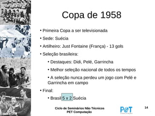 Copa de 1958
• Primeira Copa a ser televisionada
• Sede: Suécia
• Artilheiro: Just Fontaine (França) - 13 gols
• Seleção brasileira:
    • Destaques: Didi, Pelé, Garrincha
    • Melhor seleção nacional de todos os tempos
    • A seleção nunca perdeu um jogo com Pelé e
    Garrincha em campo
• Final:
    • Brasil 5 x 2 Suécia

           Ciclo de Seminários Não Técnicos        14
                   PET Computação
 