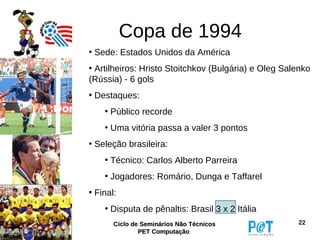 Copa de 1994
• Sede: Estados Unidos da América
• Artilheiros: Hristo Stoitchkov (Bulgária) e Oleg Salenko
(Rússia) - 6 gols
• Destaques:
    • Público recorde
    • Uma vitória passa a valer 3 pontos
• Seleção brasileira:
    • Técnico: Carlos Alberto Parreira
    • Jogadores: Romário, Dunga e Taffarel
• Final:
    • Disputa de pênaltis: Brasil 3 x 2 Itália
       Ciclo de Seminários Não Técnicos               22
               PET Computação
 