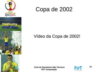 Copa de 2002



Vídeo da Copa de 2002!




Ciclo de Seminários Não Técnicos   25
        PET Computação
 