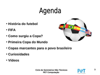 • História do futebol
• FIFA
• Como surgiu a Copa?
• Primeira Copa do Mundo
• Copas marcantes para o povo brasileiro
• Curiosidades
• Vídeos

                   Ciclo de Seminários Não Técnicos   3
                           PET Computação
 