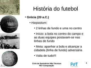 História do futebol
• Grécia (20 a.C.)
   • Harpastum:
      • 2 linhas de fundo e uma no centro
      • Início: a bola no centro do campo e
      as duas equipes postavam-se nas
      linhas de fundo
      • Meta: apanhar a bola e alcançar a
      cidadela (linha de fundo) adversária
      • Valia de tudo!!!

     Ciclo de Seminários Não Técnicos         4
             PET Computação
 