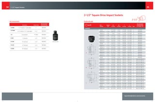 ingersollrandproducts.com/accessories
3534
Universal Joint
Accessories	
Description Output Size
Recommended
Retaining Ring
A12F8M 1-1/2" female to 1" male adapter 1" RR10025S
A12F20Mp-
tion
1-1/2" female to 2-1/2" male adapter 2-1/2" RR10025S
J12 Universal joint #5 Spline RR10025S
E125H 5" Extension 1-1/2" RR10025S
E1210H 10" Extension 1-1/2" RR10025S
E1212H 12" Extension 1-1/2" RR10025S
E1220H 20" Extension 1-1/2" RR10025S
2-1/2" Square Drive Impact Sockets
	
	 	 	 	 	 	 	 	 	 	        2-1/2"
L
T
Ø D2
Ø D1
Individuals	
		 					 Recommended	
Part	 Output	 D1	 D2	 T 	 L 	 	 Retaining Ring
Number	 Size	 in (mm)	 in (mm)	 in (mm)	 in (mm)	 Type	 or O-Ring / Pin
STANDARD
S620H3	 3"	 4.72 (120)	 5 (127)	 1.77 (45)	 5.51 (140)	 A	 RR10035S
S620H3-18	 3-1/8"	 4.88 (124)	 5 (127)	 1.77 (45)	 5.51 (140)	 A	 RR10035S
S620H3-14	 3-1⁄4"	 5 (127)	 5 (127)	 1.77 (45)	 5.51 (140)	 B	 RR10035S
S620H3-38	 3-3⁄8"	 5.16 (131)	 5 (127)	 2.05 (52)	 5.51 (140)	 C	 RR10035S
S620H3-12	 3-1/2"	 5.31 (135)	 5 (127)	 2.05 (52)	 5.51 (140)	 C	 RR10035S
S620H3-58	 3-5/8"	 5.47 (139)	 5 (127)	 2.05 (52)	 5.71 (145)	 C	 RR10035S
S620H3-34	 3-3/4"	 5.63 (143)	 5 (127)	 2.05 (52)	 5.71 (145)	 C	 RR10035S
S620H3-78	 3-7/8"	 5.79 (147)	 5 (127)	 2.28 (58)	 5.91 (150)	 C	 RR10035S
S620H4	 4"	 5.94 (151)	 5 (127)	 2.28 (58)	 5.91 (150)	 C	 RR10035S
S620H4-18	 4-1/8"	 6.1 (155)	 5 (127)	 2.28 (58)	 6.1 (155)	 C	 RR10035S
S620H4-14	 4-1/4"	 6.26 (159)	 5 (127)	 2.36 (60)	 6.3 (160)	 C	 RR10035S
S620H4-38	 4-3/8"	 6.42 (163)	 5 (127)	 2.44 (62)	 6.5 (165)	 C	 RR10035S
S620H4-12	 4-1/2"	 6.57  (167)	 5 (127)	 2.44 (62)	 6.5 (165)	 C	 RR10035S
S620H4-58	 4-5/8"	 6.77 (172)	 5 (127)	 2.64 (67)	 6.69 (170)	 C	 RR10035S
S620H4-34	 4-3/4"	 6.93 (176)	 5 (127)	 2.64 (67)	 6.69 (170)	 C	 RR10035S
S620H4-78	 4-7/8"	 7.24 (184)	 5 (127)	 2.83 (72)	 6.89 (175)	 C	 RR10035S
S620H5	 5"	 7.24 (184)	 5 (127)	 2.83 (72)	 6.89 (175)	 C	 RR10035S
S620H5-18	 5-1/8"	 7.36 (187)	 5.98 (152)	 2.83 (72)	 6.89 (175)	 C	 588-216 & 588-215
S620H5-14	 5-1/4"	 7.64 (194)	 5.98 (152)	 2.83 (72)	 6.89 (175)	 C	 588-216 & 588-215
S620H5-38	 5-3/8"	 7.76 (197)	 5.98 (152)	 3.03 (77)	 7.09 (180)	 C	 588-216 & 588-215
S620H5-12	 5-1/2"	 8.03 (204)	 5.98 (152)	 3.03 (77)	 7.09 (180)	 C	 588-216 & 588-215
S620H5-58	 5-5/8"	 8.15 (207)	 5.98 (152)	 3.27 (83)	 7.28 (185)	 C	 588-216 & 588-215
S620H5-34	 5-3/4"	 8.43 (214)	 5.98 (152)	 3.27 (83)	 7.28 (185)	 C	 588-216 & 588-215
S620H5-78	 5-7/8"	 8.43 (214)	 5.98 (152)	 3.27 (83)	 7.28 (185)	 C	 588-216 & 588-215
S620H6	 6"	 8.54 (217)	 5.98 (152)	 3.27 (83)	 7.28 (185)	 C	 588-216 & 588-215
S620H6-18	 6-1/8"	 8.82 (224)	 5.98 (152)	 3.54 (90)	 7.48 (190)	 C	 588-216 & 588-215
S620H6-14	 6-1/4"	 8.94 (227)	 5.98 (152)	 3.54 (90)	 7.48 (190)	 C	 588-216 & 588-215
S620H6-38	 6-3/8"	 9.21 (234)	 5.98 (152)	 3.74 (95)	 7.68 (195)	 C	 588-216 & 588-215
S620H6-12	 6-1/2"	 9.21 (234)	 5.98 (152)	 3.74 (95)	 7.68 (195)	 C	 588-216 & 588-215
S620H6-58	 6-5/8"	 9.33 (237)	 5.98 (152)	 3.74 (95)	 7.68 (195)	 C	 588-216 & 588-215
S620H6-34	 6-3/4"	 9.61 (244)	 5.98 (152)	 3.74 (95)	 7.68 (195)	 C	 588-216 & 588-215
S620H6-78	 6-7/8"	 9.72 (247)	 5.98 (152)	 3.94 (100)	 7.87 (200)	 C	 588-216 & 588-215
S620H7	 7"	 10 (254)	 5.98 (152)	 3.94 (100)	 7.87 (200)	 C	 588-216 & 588-215
S620H7-12	 7-1/2"	 10.39 (264)	 5.98 (152)	 4.13 (105)	 8.27 (210)	 C	 588-216 & 588-215
S620H7-58	 7-5/8"	 10.51 (267)	 5.98 (152)	 4.13 (105)	 8.27 (210)	 C	 588-216 & 588-215
6-PT
L
D2
D1
T
D1
D2
T
L
D1
D2
L
T
L
D2
D1
T
D1
D2
T
L
D1
D2
L
T
L
D2
D1
T
D1
D2
T
L
D1
D2
L
T
A	
   
B   	
   
  
C
1-1/2" Impact Sockets
 