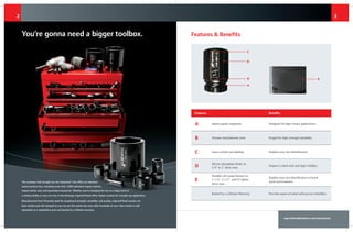 ingersollrandproducts.com/accessories
32
You’re gonna need a bigger toolbox.
The company that brought you the Impactool™
also offers an extensive
socket product line, including more than 1,000 individual impact sockets,
impact socket sets, and associated accessories. Whether you’re changing the tire on a large truck at
a mining facility or your car’s tire in the driveway, Ingersoll Rand offers impact sockets for virtually any application.
Manufactured from Chromoly steel for exceptional strength, durability, and quality, Ingersoll Rand sockets are
laser-etched and roll-stamped so you can see the socket size even after hundreds of uses. Each socket is sold
separately at a competitive price and backed by a lifetime warranty.
Features & Benefits
Features Benefits
A Impact-grade toughness Designed for high-torque applications
B Chrome-molybdenum steel Forged for high-strength durability
C Laser-etched size labeling Enables easy size identification
D
Electro-phosphate finish on
1/4" to 1" drive sizes
Projects a sleek look and high visibility
E
Durable roll stamp feature on
1-1/2", 2-1/2", and #5 Spline
drive sizes
Enables easy size identification in harsh
work environments
Backed by a Lifetime Warranty Provides peace of mind with proven reliability
C
B
D
A
E
 