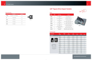 ingersollrandproducts.com/accessories
76
L
T
Ø D2
Ø D1
Description Output Size
A2F3M 1/4" female to 3/8" male adapter 3/8"
J2 Universal joint 1/4"
E22H 2" Extension 1/4"
E24H 4" Extension 1/4"
E26H 6" Extension 1/4"
Accessories	
Adapter
3/8" Square Drive Impact Sockets
			
											 3/8"
Individuals	
SK3H8
Part
Number
# of
Pieces Description Contents
SK3H8 8
3/8"
Drive standard set
5/16", 3/8", 7/16", 1/2", 9/16",
5/8", 11/16", 3/4"
SK3H8L 8
3/8"
Drive deep standard set
5/16", 3/8", 7/16", 1/2",
9/16", 5/8", 11/16", 3/4"
SK3H7U 7
3/8"
Drive universal set
3/8", 7/16", 1/2", 9/16",
5/8", 11/16", 3/4"
SK3M8 8
3/8"
Drive metric set
9 mm, 10 mm, 11 mm, 13 mm, 14 mm,
15 mm, 17 mm, 19 mm
SK3M8L 8
3/8"
Drive deep metric set
9 mm, 10 mm, 11 mm, 13 mm, 14 mm,
15 mm, 17 mm, 19 mm
SK3M7U 7
3/8"
Universal metric set
10 mm, 12 mm, 13 mm, 14 mm,
15 mm, 17 mm, 19 mm
SK3C8 8
3/8" Combo drive SAE &
metric set
3/8", 1/2", 5/8", 11/16",
10 mm, 13 mm, 16 mm, 17 mm
SK3M10 10
3/8" drive metric
standard set
9 mm, 10 mm, 11 mm, 12 mm, 13 mm,
14 mm, 15 mm, 16 mm, 17 mm, 19 mm
Sets	
Part	 Output	 D1	 D2	 T	 L	 	
Number	 Size	 in (mm)	 in (mm)	 in (mm) 	 in (mm) 	 Type
STANDARD
S63H14	 1/4"	 0.43 (11)	 0.75 (19)	 0.16 (4)	 1.1 (28)	 A
S63H516	 5/16"	 0.49 (12.5)	 0.75 (19)	 0.28 (7)	 1.1 (28)	 A
S63H38	 3/8"	 0.57 (14.5)	 0.75 (19)	 0.28 (7)	 1.1 (28)	 A
S63H716	 7/16"	 0.67 (17)	 0.75 (19)	 0.28 (7)	 1.18 (30)	 A
S63H12	 1/2"	 0.75 (19)	 0.75 (19)	 0.28 (7)	 1.18 (30)	 B
S63H916	 9/16"	 0.79 (20)	 0.79 (20)	 0.28 (7)	 1.18 (30)	 B
S63H58	 5/8"	 0.94 (24)	 0.94 (24)	 0.39 (10)	 1.18 (30)	 B
S63H1116	 11/16"	 0.94 (24)	 0.94 (24)	 0.39 (10)	 1.26 (32)	 B
S63H34	 3/4"	 1.02 (26)	 1.02 (26)	 0.39 (10)	 1.26 (32)	 B
S63H1316	 13/16"	 1.18 (30)	 1.18 (30)	 0.51 (13)	 1.26 (32)	 B
S63H78	 7/8"	 1.26 (32)	 1.26 (32)	 0.51 (13)	 1.26 (32)	 B
S63H1516	 15/16"	 1.34 (34)	 1.34 (34)	 0.51 (13)	 1.26 (32)	 B
S63H1	 1 mm	 1.34 (34)	 1.34 (34)	 0.51 (13)	 1.26 (32)	 B
S63M6	 6 mm	 0.41 (10.5)	 0.75 (19)	 0.16 (4)	 1.1 (28)	 A
S63M7	 7 mm	 0.45 (11.5)	 0.75 (19)	 0.28 (7)	 1.1 (28)	 A
S63M8	 8 mm	 0.49 (12.5)	 0.75 (19)	 0.28 (7)	 1.1 (28)	 A
S63M9	 9 mm	 0.55 (14)	 0.75 (19)	 0.28 (7)	 1.1 (28)	 A
S63M10	 10 mm	 0.59 (15)	 0.75 (19)	 0.28 (7)	 1.1 (28)	 A
6-PT
A	 B
T
D2
D1
L
1/4" Impact Sockets
 