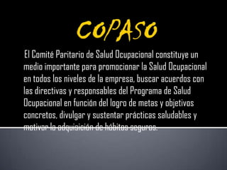 El Comité Paritario de Salud Ocupacional constituye un
medio importante para promocionar la Salud Ocupacional
en todos los niveles de la empresa, buscar acuerdos con
las directivas y responsables del Programa de Salud
Ocupacional en función del logro de metas y objetivos
concretos, divulgar y sustentar prácticas saludables y
motivar la adquisición de hábitos seguros.