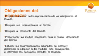 Obligaciones del
Empleador
•Propiciar la elección de los representantes de los trabajadores   al
Comité.

•Designar sus representantes al Comité.

•Designar al presidente del Comité.

•Proporcionar los medios necesarios para el normal desempeño
del Comité.

•Estudiar las recomendaciones emanadas del Comité y
determinar la adopción de las medidas más convenientes,
e informarle las decisiones tomadas al respecto.
 