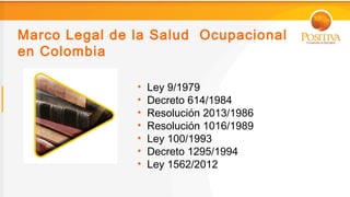 Marco Legal de la Salud Ocupacional
en Colombia

               •   Ley 9/1979
               •   Decreto 614/1984
               •   Resolución 2013/1986
               •   Resolución 1016/1989
               •   Ley 100/1993
               •   Decreto 1295/1994
               •   Ley 1562/2012
 