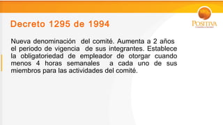 Decreto 1295 de 1994
Nueva denominación del comité. Aumenta a 2 años
el periodo de vigencia de sus integrantes. Establece
la obligatoriedad de empleador de otorgar cuando
menos 4 horas semanales a cada uno de sus
miembros para las actividades del comité.
 