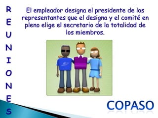 R    El empleador designa el presidente de los
    representantes que el designa y el comité en
E    pleno elige el secretario de la totalidad de
                     los miembros.
U
N
I
O
N
E
S
 