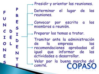 Presidir y orientar las reuniones.
        P   Determinar    el   lugar   de   las
F
        R   reuniones.
U
        E   Convocar por escrito        a   los
N           miembros a reunión.
        S
C D
        I   Preparar los temas a tratar.
I   E
        D   Tramitar ante la administración
O L         de     la    empresa        las
        E   recomendaciones aprobadas al
N
        N   igual que informar de las
E           actividades a desarrollar.
        T   Velar por la buena marcha del
S
        E   comité.
 