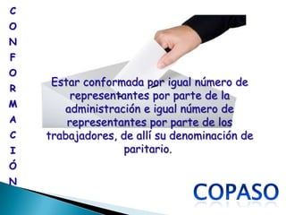 C
O
N
F
O
     Estar conformada por igual número de
R
         representantes por parte de la
M
       administración e igual número de
A       representantes por parte de los
C   trabajadores, de allí su denominación de
I                  paritario.
Ó
N
 