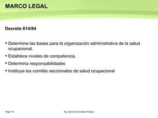 MARCO LEGAL Decreto 614/84   Determina las bases para la organización administrativa de la salud ocupacional.  Establece niveles de competencia.  Determina responsabilidades  Instituye los comités seccionales de salud ocupacional  Ing. Germán Granados Robayo 