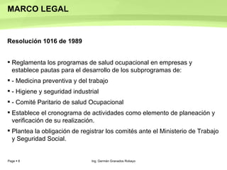 MARCO LEGAL Resolución 1016 de 1989  Reglamenta los programas de salud ocupacional en empresas y establece pautas para el desarrollo de los subprogramas de:  - Medicina preventiva y del trabajo  - Higiene y seguridad industrial  - Comité Paritario de salud Ocupacional  Establece el cronograma de actividades como elemento de planeación y verificación de su realización.  Plantea la obligación de registrar los comités ante el Ministerio de Trabajo y Seguridad Social.  Ing. Germán Granados Robayo 