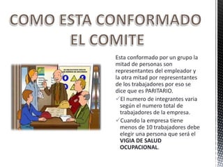 Esta conformado por un grupo la
mitad de personas son
representantes del empleador y
la otra mitad por representantes
de los trabajadores por eso se
dice que es PARITARIO.
El numero de integrantes varia
según el numero total de
trabajadores de la empresa.
Cuando la empresa tiene
menos de 10 trabajadores debe
elegir una persona que será el
VIGIA DE SALUD
OCUPACIONAL.
 