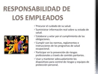 Procurar el cuidado de su salud.
Suministrar información real sobre su estado de
salud.
Colaborar y velar por el cumplimiento de las
obligaciones.
Cumplir con las normas, reglamentos e
instrucciones de los programas de salud
ocupacional.
Participar en la prevención de riesgos
profesionales a través de comités paritarios.
Usar y mantener adecuadamente los
dispositivos para control de riesgos y equipos de
protección personal.
 