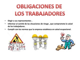 • Elegir a sus representantes .
• Informar al comité de las situaciones de riesgo , que comprometa la salud
de los trabajadores.
• Cumplir con las normas que la empresa establezca en salud ocupacional.
 