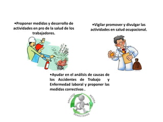 •Proponer medidas y desarrollo de
actividades en pro de la salud de los
trabajadores.
•Vigilar promover y divulgar las
actividades en salud ocupacional.
•Ayudar en el análisis de causas de
los Accidentes de Trabajo y
Enfermedad laboral y proponer las
medidas correctivas .
 