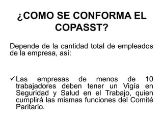 ¿COMO SE CONFORMA EL
COPASST?
Depende de la cantidad total de empleados
de la empresa, así:
Las empresas de menos de 10
trabajadores deben tener un Vigía en
Seguridad y Salud en el Trabajo, quien
cumplirá las mismas funciones del Comité
Paritario.
 