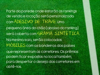 Parteda parede onde estarão os rankings
de venda e locaçãoserá personalizada
comADESIVO DE TRAVE.Uma
pequena área do chão(abaixodo ranking)
será coberta com GRAMA SINTÉTICA.
Na mesma sala, serão colocados
MÓBILEScom as bandeirasdos países
que representam os corretores. Os prêmios
podem ficarexpostos nolocaltambém,
para despertar o desejo dos corretores em
obtê-los.
 