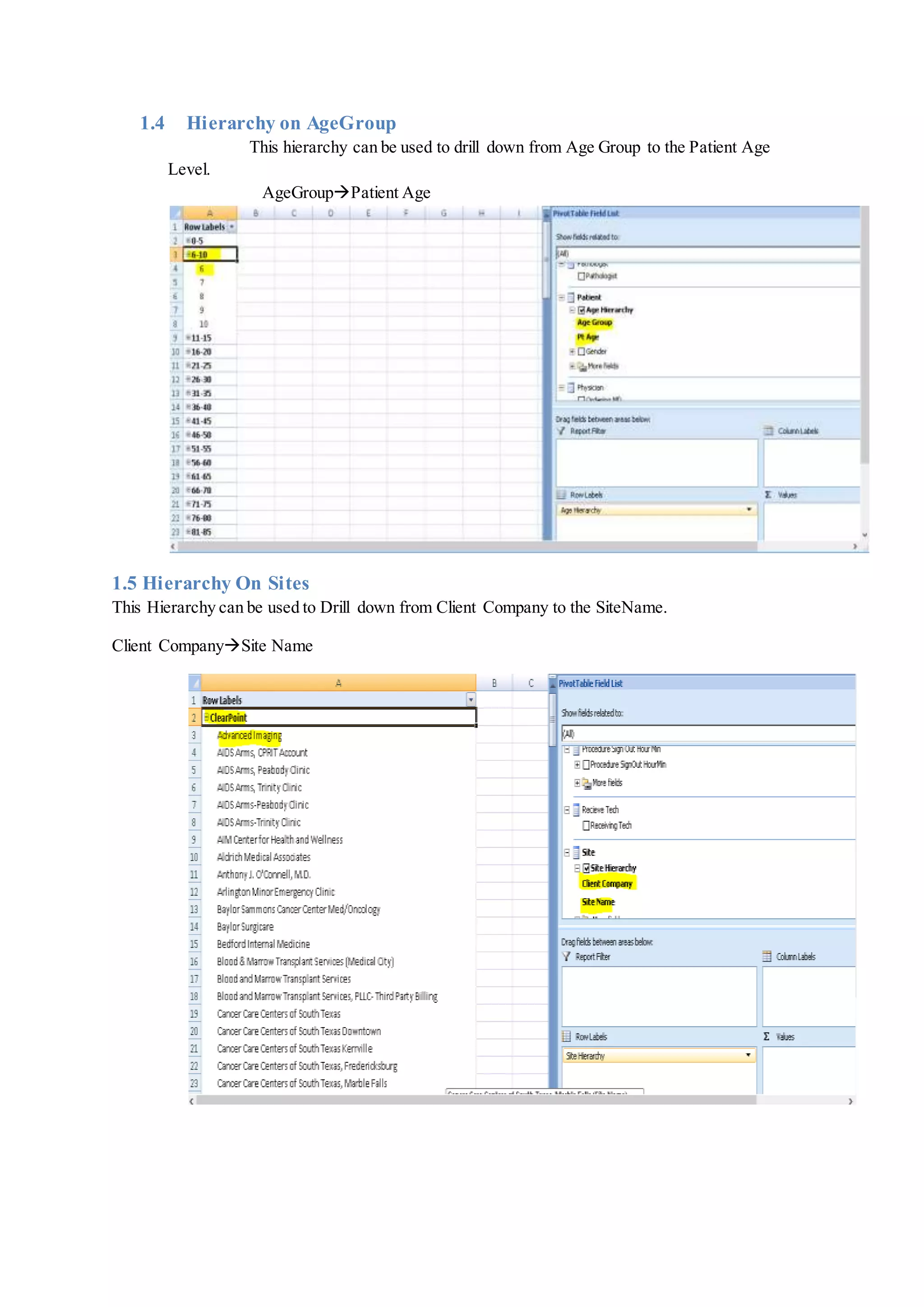 1.4 Hierarchy on AgeGroup
This hierarchy can be used to drill down from Age Group to the Patient Age
Level.
AgeGroupPatient Age
1.5 Hierarchy On Sites
This Hierarchy can be used to Drill down from Client Company to the SiteName.
Client CompanySite Name
 
