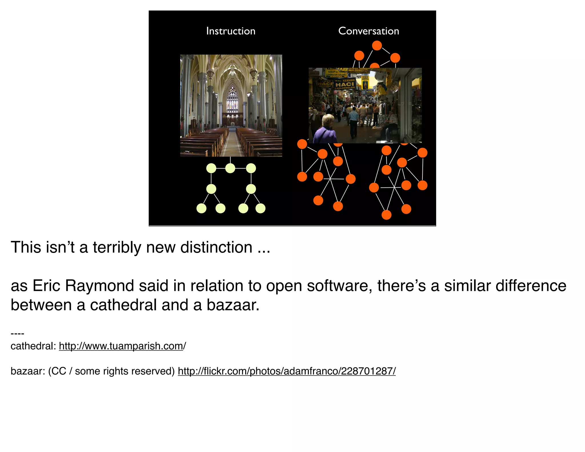 Instruction                Conversation




This isnʼt a terribly new distinction ...

as Eric Raymond said in relation to open software, thereʼs a similar difference
between a cathedral and a bazaar.
----
cathedral: http://www.tuamparish.com/

bazaar: (CC / some rights reserved) http://ﬂickr.com/photos/adamfranco/228701287/
 