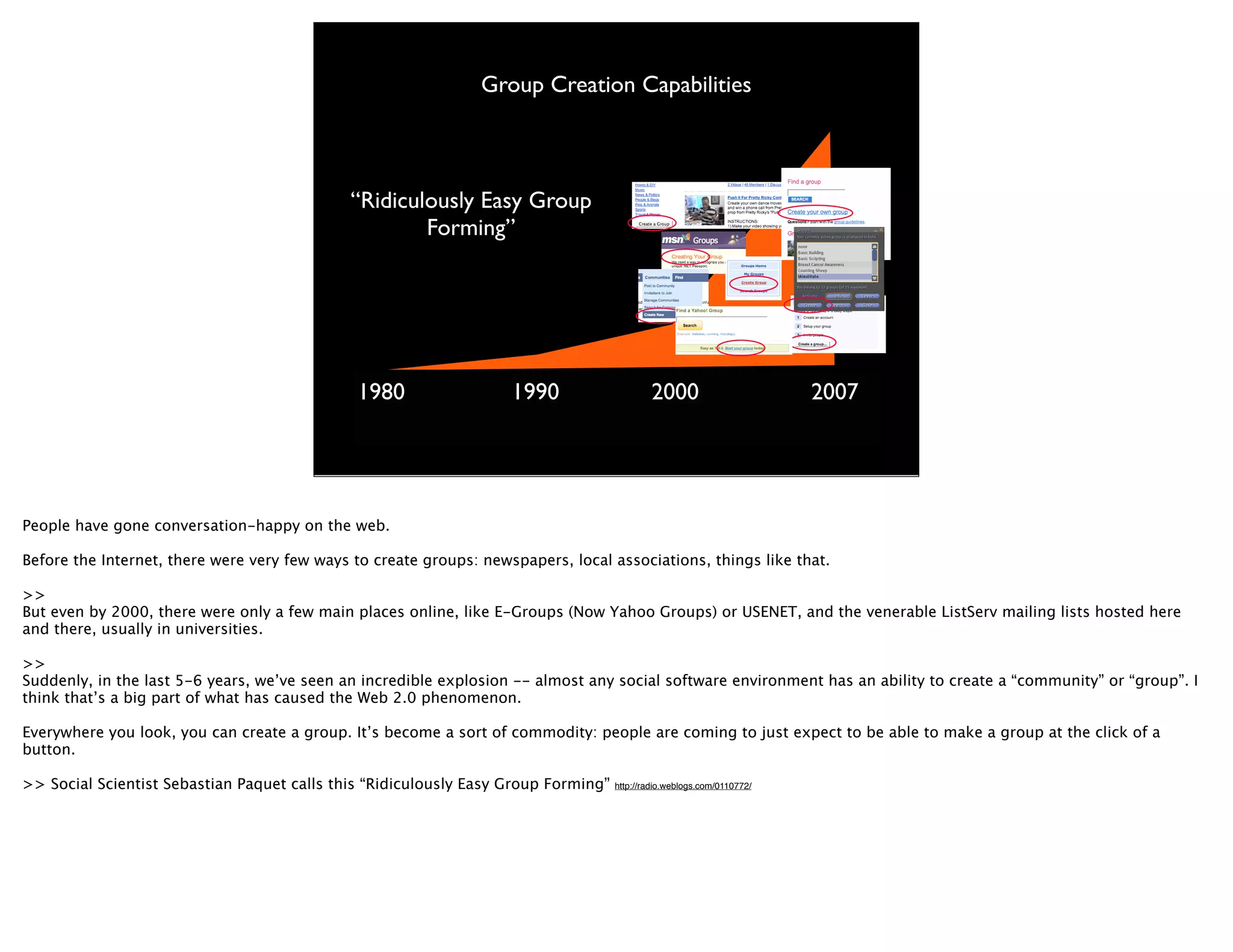 Group Creation Capabilities



                                             “Ridiculously Easy Group
                                                     Forming”




                                              1980                  1990                    2000                        2007




People have gone conversation-happy on the web.

Before the Internet, there were very few ways to create groups: newspapers, local associations, things like that.

>>
But even by 2000, there were only a few main places online, like E-Groups (Now Yahoo Groups) or USENET, and the venerable ListServ mailing lists hosted here
and there, usually in universities.

>>
Suddenly, in the last 5-6 years, we’ve seen an incredible explosion -- almost any social software environment has an ability to create a “community” or “group”. I
think that’s a big part of what has caused the Web 2.0 phenomenon.

Everywhere you look, you can create a group. It’s become a sort of commodity: people are coming to just expect to be able to make a group at the click of a
button.

>> Social Scientist Sebastian Paquet calls this “Ridiculously Easy Group Forming”   http://radio.weblogs.com/0110772/
 
