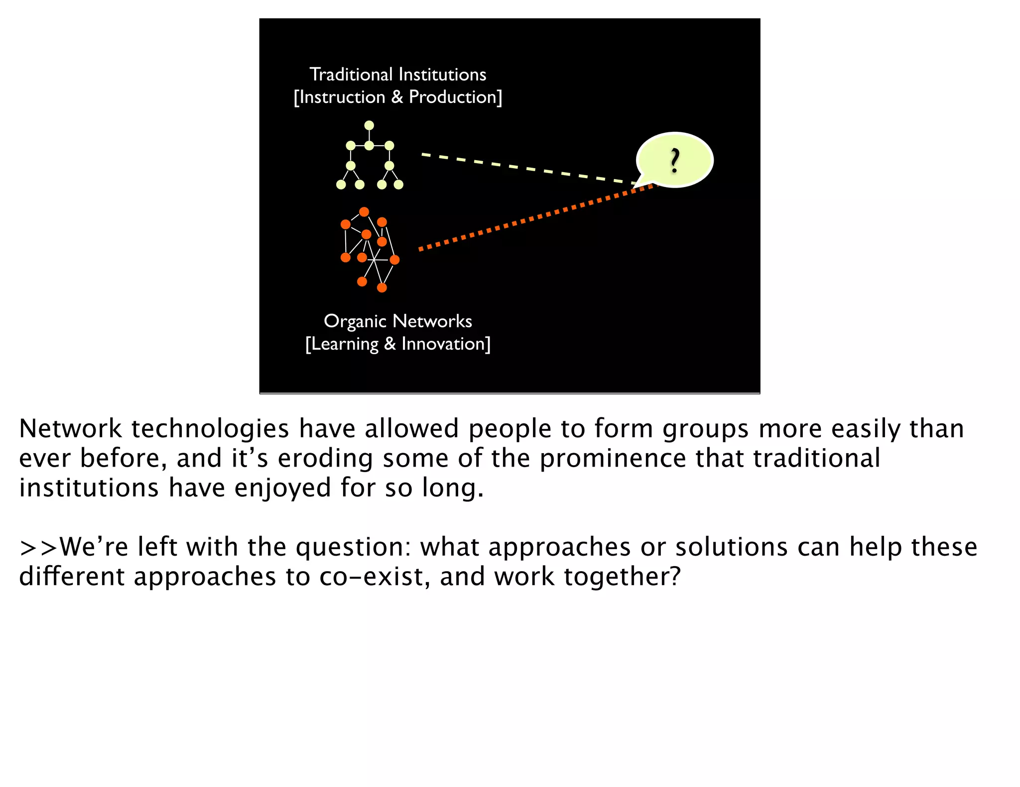 Traditional Institutions
                     [Instruction & Production]


                                                   ?



                        Organic Networks
                      [Learning & Innovation]



Network technologies have allowed people to form groups more easily than
ever before, and it’s eroding some of the prominence that traditional
institutions have enjoyed for so long.

>>We’re left with the question: what approaches or solutions can help these
different approaches to co-exist, and work together?
 