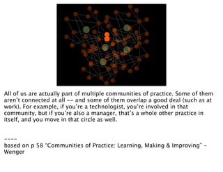 All of us are actually part of multiple communities of practice. Some of them
aren’t connected at all -- and some of them overlap a good deal (such as at
work). For example, if you’re a technologist, you’re involved in that
community, but if you’re also a manager, that’s a whole other practice in
itself, and you move in that circle as well.


----
based on p 58 “Communities of Practice: Learning, Making & Improving” -
Wenger
 
