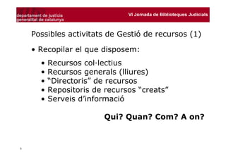 VI Jornada de Biblioteques Judicials



    Possibles activitats de Gestió de recursos (1)

    • Recopilar el que disposem:
      •   Recursos col·lectius
      •   Recursos generals (lliures)
      •   “Directoris” de recursos
      •   Repositoris de recursos “creats”
      •   Serveis d’informació

                        Qui? Quan? Com? A on?



5
 