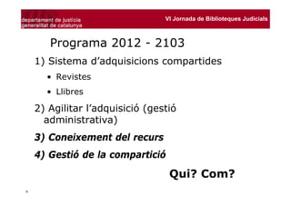 VI Jornada de Biblioteques Judicials



       Programa 2012 - 2103
    1) Sistema d’adquisicions compartides
      • Revistes
      • Llibres

    2) Agilitar l’adquisició (gestió
      administrativa)
    3) Coneixement del recurs
    4) Gestió de la compartició

                                  Qui? Com?
9
 