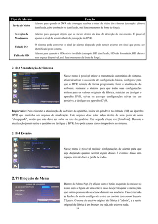 Tipo de Alarme Função 
Perda de Vídeo 
Alarme para quando o DVR não consegue receber o sinal de vídeo das câmeras (exemplo: câmera 
danificada, cabo quebrado ou danificado, mal funcionamento da fonte de força). 
14 
Detecção de 
Movimento 
Alarme para qualquer objeto que se mexer dentro da área de detecção de movimento. É possível 
ajustar o nível de sensitividade de percepção do DVR. 
Estado I/O 
O sistema pode converter o sinal de alarme disparado pelo sensor externo em sinal que possa ser 
identificado pelo sistema. 
Falha de HD 
Alarme para quando o HD estiver inválido (exemplo: HD danificado, HD não formatado, HD cheio e 
sem espaço disponível, mal funcionamento da fonte de força). 
2.10.3 Manutenção de Sistema 
Importante: Para executar a atualização de software do aparelho, insira um pendrive na entrada USB do aparelho 
DVR que contenha um arquivo de atualização. Este arquivo deve estar salvo dentro de uma pasta de nome 
“dvrupgrade”, sendo que esta deve ser salva na raiz do pendrive. Em seguida clique em [Atualizar]. Durante a 
atualização jamais retire o pendrive ou desligue o DVR. Isto pode causar danos irreparáveis ao sistema. 
2.10.4 Eventos 
2.11 Bloqueio de Menu 
Nesse menu é possível ativar a manutenção automática do sistema, 
ativar/desativar o assistente de configuração básica, configurar para 
que o DVR reinicie de forma programada, fazer a atualização do 
software, restaurar o sistema para que todas suas configurações 
voltem para os valores originais de fábrica, reiniciar ou desligar o 
aparelho DVR, salvar ou carregar configurações salvas em um 
pendrive, e desligar seu aparelho DVR. 
Nesse menu é possível realizar configurações de alarme para que 
seja disparado quando ocorrer algum desses 3 eventos: disco sem 
espaço, erro de disco e perda de vídeo. 
Dentro do Menu Pop-Up clique com o botão esquerdo do mouse no 
ícone com a figura de uma chave caso deseje bloquear o menu para 
que outras pessoas não o acesse durante sua ausência. Caso você não 
se lembre da senha configurada entre em contato com nosso Suporte 
Técnico. O nome de usuário original de fábrica é "admin", e a senha 
original de fábrica é em branco, ou seja, não escreva nada. 
 