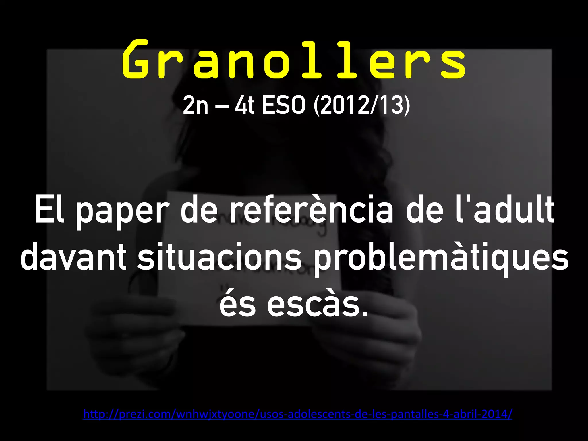 Època de canvi 
Canvi d’època 
Castells (2006), Reig (2011), Sibilla (2011), Baumann (2006) 
h@p://blogs.cccb.org/lab/arXcle_laprenentatge-­‐a-­‐la-­‐xarxa-­‐1-­‐usos-­‐i-­‐dilemes/ 
D’on venim… Cap a on anem… 
Generació Zapping 
Persona 
Amistats 
Treball 
Oralitat 
Grup 
Suport físic 
Tasca 
Intimitat 
Prescriptor 
Seqüencialitat 
… 
Generació Facebook 
Identitat(s) 
Contactes 
Oci 
Multimèdia/Audiovisual 
Xarxa 
Núvol 
Multitasca 
Extimitat 
Facilitador 
Fragmentarietat 
… 
 