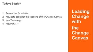 Leading
Change
with
the
Change
Canvas
Today’s Session
1. Review the foundation
2. Navigate together the sections of the Ch...