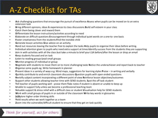 A-Z Checklist for TAs 
• Ask challenging questions that encourage the pursuit of excellence Assess when pupils can be moved on to an extra 
extension task 
• Bring different opinions, ideas & experiences to class discussions Build self esteem in your class 
• Catch them being clever and reward them 
• Differentiate the lesson instructions/activities according to need 
• Elaborate on difficult questions Encouragement through individual quiet words on a one-to- one basis 
• Foster creativeness from the students Find the invisible child 
• Generate lesson activities Give advice on an activity 
• Hand out resources leaving the teacher free to explain the tasks Help pupils to organise their ideas before writing. 
• Individual attention given to pupils who need extra support at times Identify success from the students they are supporting 
• Join in with activities with all the class Just take a minute to brief your LSA before/after the lesson or drop an email 
• Keep students focused and on task 
• Listen to reading groups Lead small groups 
• Monitor progress of individual or group 
• Negotiate with students to move them on to more challenging tasks Notice the underachiever and report back to teacher 
• Organise some pupils eg. Write homework in planner 
• Present ideas in a variety of ways e.g. Mind maps, suggestions for learning styles Praise – in writing and verbally 
• Quirkily contribute to and enrich classroom discussions Question pupils with open ended questions 
• Revivify subject content incorporating a different point of view Reinforce lesson objectives/outcomes 
• Support other students allowing teacher time with SEND students. Spot the off task student 
• Tell teacher of pupils working well - praise them Take notes if student is absent or unable to keep up 
• Unable to support fully unless we become a professional teaching team 
• Valuable support & stress relief with a difficult class or student Visualisation help for SEND students 
• Work with small groups of pupils in or outside of the classroom Write key words in glossaries 
• (e)Xplore higher order thinking skills 
• Yield results when we work together as a team 
• Zoom into the vulnerable/difficult student to ensure that they get on task quickly 
 