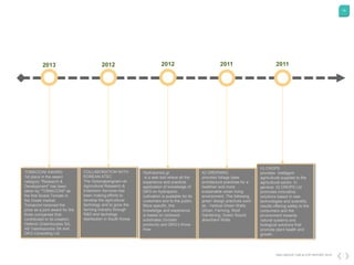 19
DKG GROUP CSR & COP REPORT 2016
2013
TOMACCINI AWARD
1st place in the award
category "Research &
Development" has been
taken by "TOMACCINI" as
the first Snack Tomato in
the Greek market.
Tomaccini received the
prize as a joint award for the
three companies that
contributed to its creation;
Hellenic Greenhouses SA,
AB Vassilopoulos SA and
DKG Consulting Ltd
COLLABORATION WITH
KOREAN ATEC
The Gyeongsangnam-do
Agricultural Research &
Extension Services has
been making efforts to
develop the agricultural
technlogy and to grow the
farming industry through
R&D and techology
distribution in South Korea
2012
Hydroponics.gr
is a web tool where all the
experience and practical
application of knowledge of
DKG on hydroponic
cultivation is available for its
customers and to the public.
More specific, this
knowledge and experience
is based on rockwool
substrates (Grodan
products) and DKG’s Know
How
2012 2011 2011
IQ GREENING
provides foliage base
architecture practices for a
healthier and more
sustainable urban living
environment. The following
green design practices such
as : Vertical Green Walls,
Urban, Farming, Roof
Gardening, Green Sound
absorbent Walls
IQ CROPS
provides intelligent
agricultural supplies to the
agricultural sector. In
general, IQ CROPS Ltd
promotes innovative
solutions based in new
technologies and scientific
results offering safety to the
consumers and the
environment towards
natural systems and
biological solutions that
promote plant health and
growth.
 
