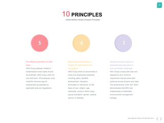 49
The effective abolition of child
labor.
DKG Group believes children’s
fundamental human rights should
be protected. DKG Group shall not
use child labor. All employees must
meet the minimum age for
employment as specified by
applicable laws and regulations.
10 PRINCIPLES
United Nations Global Compact Principles
Eliminate discrimination in
respect of employment and
occupation.
DKG Group shall not discriminate in
hiring and employment practices,
including salary, benefits,
advancement, discipline,
termination or retirement, on the
basis of race, religion, age,
nationality, social or ethnic origin,
sexual orientation, gender, political
opinion or disability.
Business should support a
precautionary approach to
environmental challenges.
DKG Group comply with laws and
regulations as a minimum
requirement and we share best
practices across divisions and sites.
The achievement of the ISO 14001
demonstrates that DKG has
implemented a sustainable
environmental management
strategy
DKG GROUP CSR & COP REPORT 2016
 