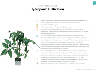 62
DKG GROUP CSR & COP REPORT 2016
Advantages of
Hydroponic Cultivation
All year round growing, availability and consisten...