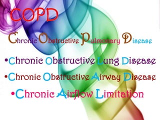COPDChronicObstructivePulmonaryDisease•Chronic Obstructive Lung Disease•Chronic Obstructive Airway Disease•Chronic Airflow Limitation