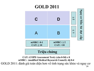 GOLD 2011
C D
A B
24
NguycơTiềnSửđợtcấp
mMRC: 0-1
CAT: ≤ 10
mMRC: ≥ 2
CAT: >10
≥2≤1
Triệu chứng
CAT: (COPD Assessment Test): (câu 0-5đ) x 8
mMRC: (modified Medical Research Council): độ 0-4
GOLD 2011: đánh giá toàn diện hơn về tình trạng sức khỏe và nguy cơ
 